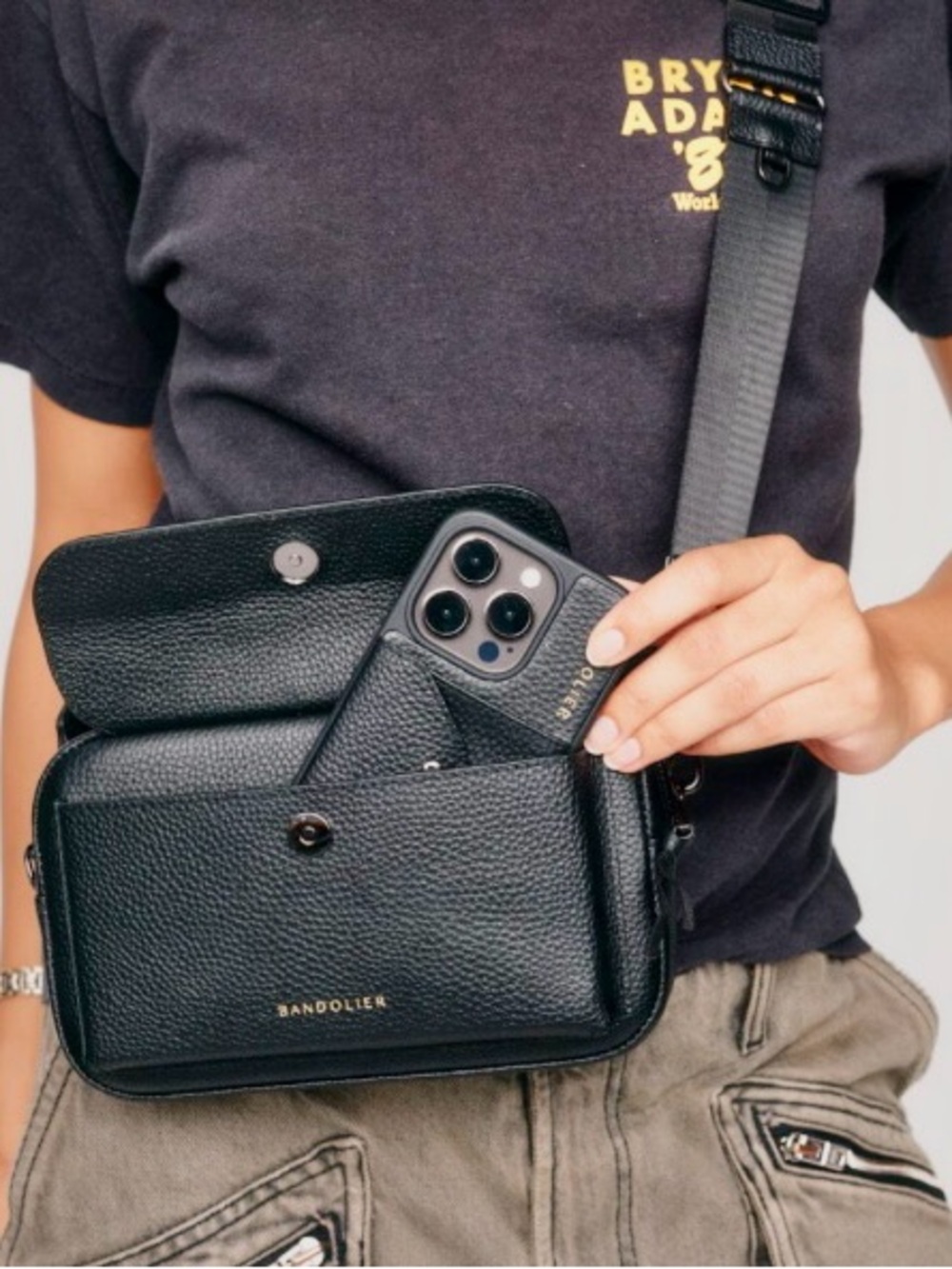 Bandolier Miller Black Pebbled Leather Crossbody Messenger with Gold Logo